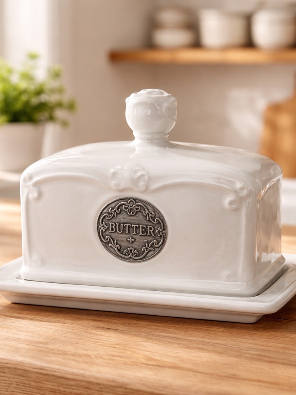 THL White Ceramic Butter Dish with Decorative Medallion 4x6x3